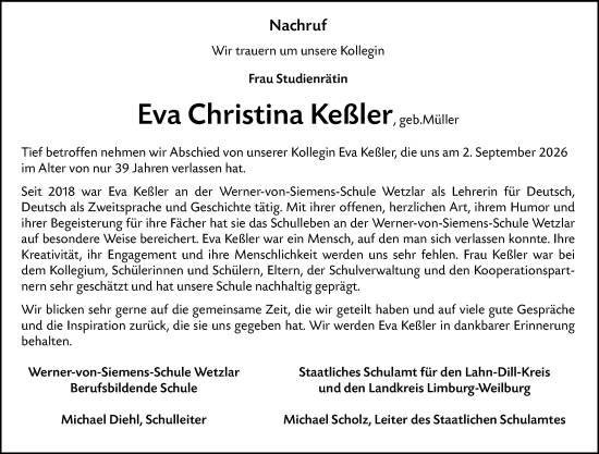 Traueranzeige von Eva Christina Keßler von Wetzlarer Neue Zeitung