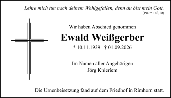 Traueranzeige von Ewald Weißgerber von Odenwälder Echo