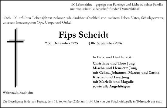 Traueranzeige von Fips Scheidt von Allgemeine Zeitung Alzey