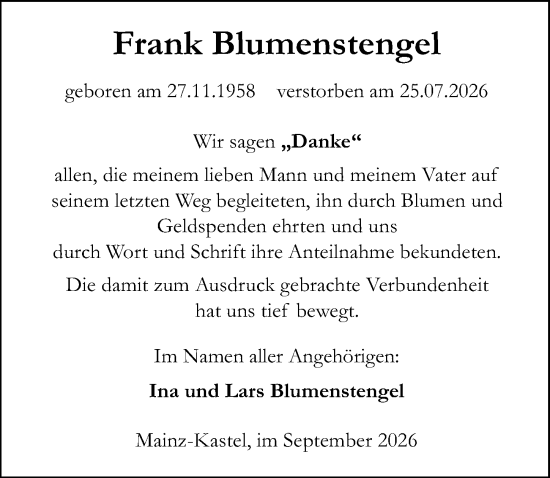 Traueranzeige von Frank Blumenstengel von Allgemeine Zeitung Mainz
