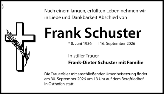 Traueranzeige von Frank Schuster von Wormser Zeitung