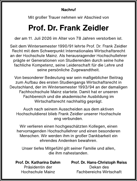 Traueranzeige von Frank Zeidler von Allgemeine Zeitung Mainz