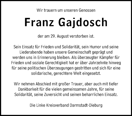 Traueranzeige von Franz Gajdosch von Dieburger Anzeiger/Groß-Zimmerner Lokal-Anzeiger
