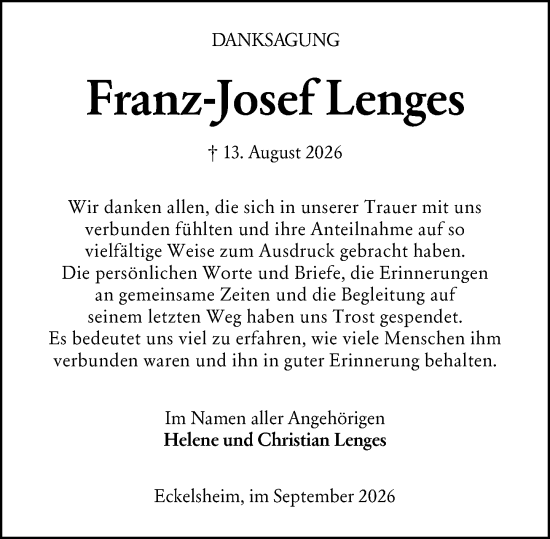 Traueranzeige von Franz-Josef Lenges von Allgemeine Zeitung Alzey