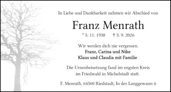 Traueranzeige von Franz Menrath von Odenwälder Echo