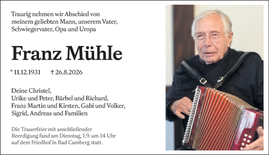 Traueranzeige von Franz Mühle von Camberger Anzeiger