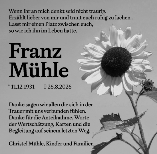 Traueranzeige von Franz Mühle von Camberger Anzeiger