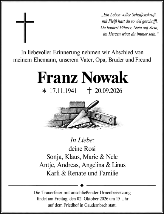 Traueranzeige von Franz Nowak von Weilburger Tageblatt