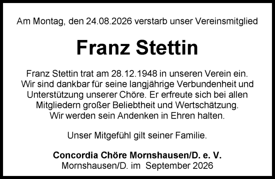Traueranzeige von Franz Stettin von Hinterländer Anzeiger