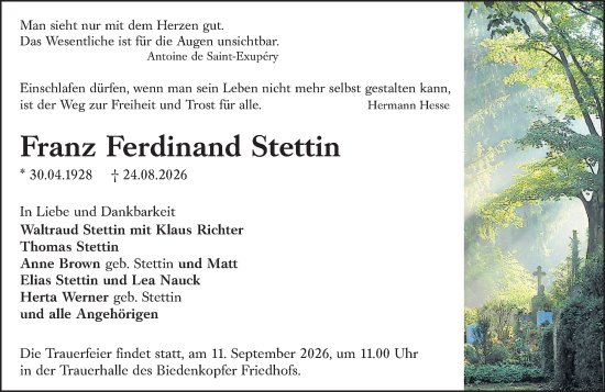 Traueranzeige von Franz Ferdinand Stettin von Hinterländer Anzeiger