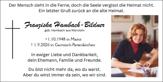 Traueranzeige von Franziska Hamback-Bildner von Allgemeine Zeitung Mainz