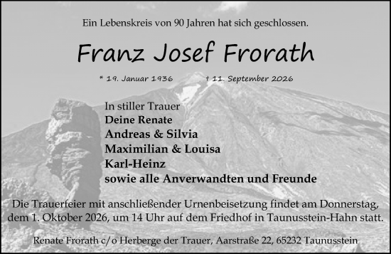 Traueranzeige von Franz Josef Frorath von Wiesbadener Kurier