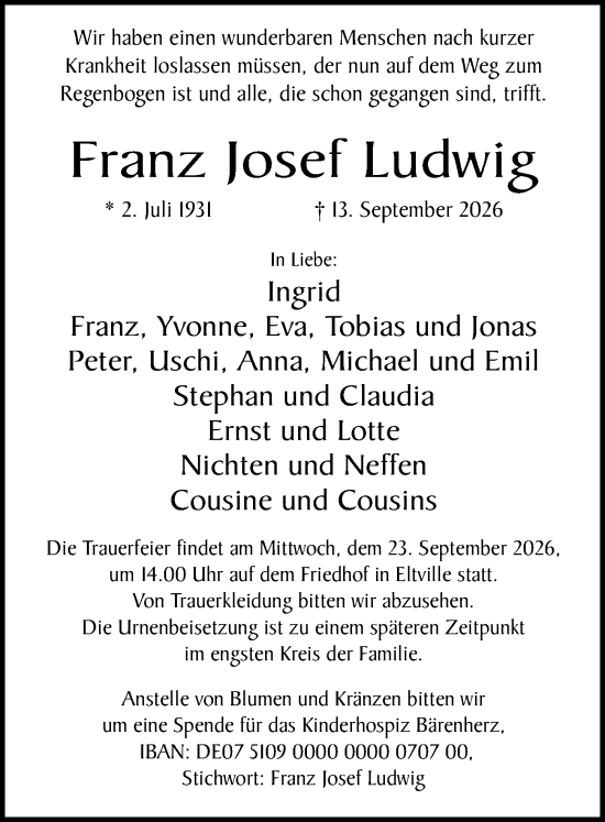 Traueranzeige von Franz Josef Ludwig von Rheingau Kurier