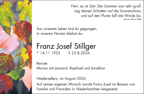 Traueranzeige von Franz Josef Stillger von Camberger Anzeiger