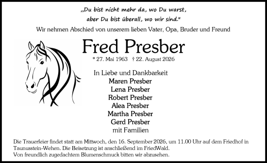 Traueranzeige von Fred Presber von Rheingau-Taunus-Kreis Wochenblatt