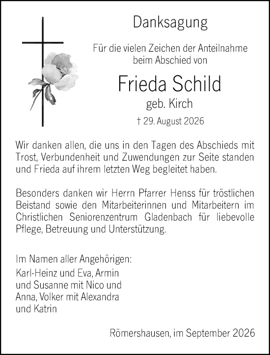 Traueranzeige von Frieda Schild von Hinterländer Anzeiger