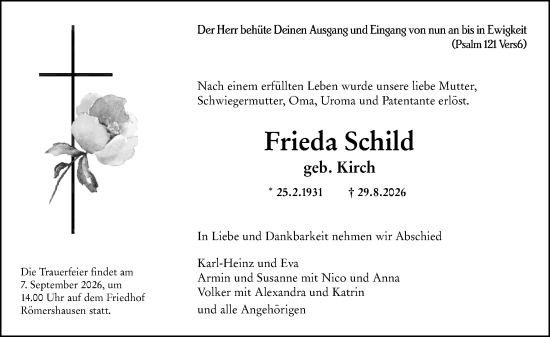 Traueranzeige von Frieda Schild von Hinterländer Anzeiger