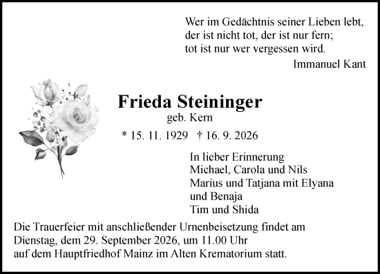 Traueranzeige von Frieda Steininger von Wiesbadener Kurier