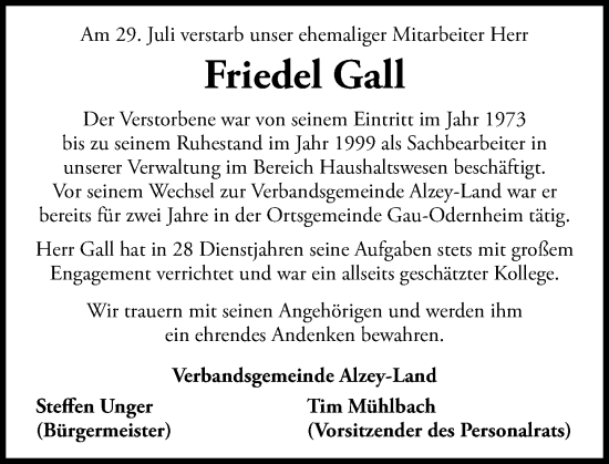 Traueranzeige von Friedel Gall von Allgemeine Zeitung Alzey