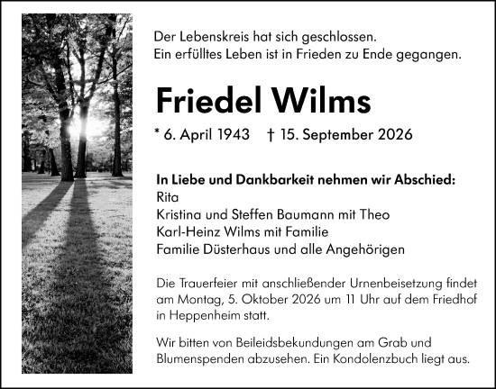 Traueranzeige von Friedel Wilms von Starkenburger Echo