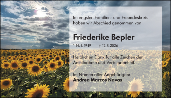 Traueranzeige von Friederike Bepler von Wetzlarer Neue Zeitung