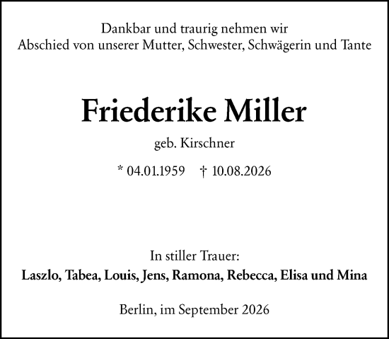 Traueranzeige von Friederike Miller von Wetzlarer Neue Zeitung