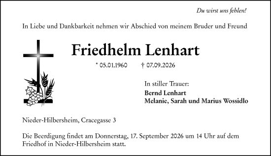 Traueranzeige von Friedhelm Lenhart von Allgemeine Zeitung Rheinhessen-Nahe