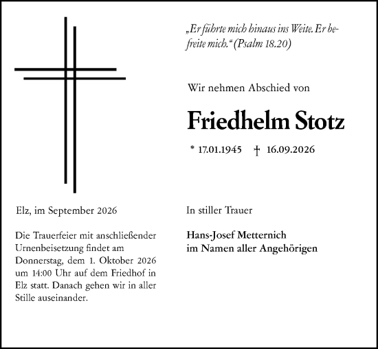 Traueranzeige von Friedhelm Stotz von Nassauische Neue Presse