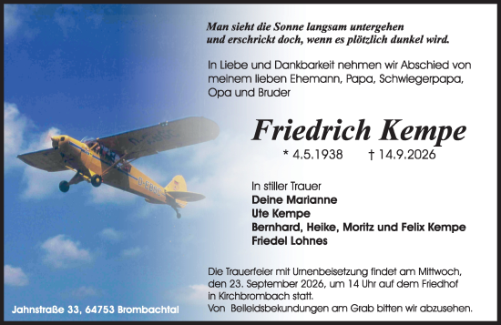 Traueranzeige von Friedrich Kempe von Odenwälder Echo