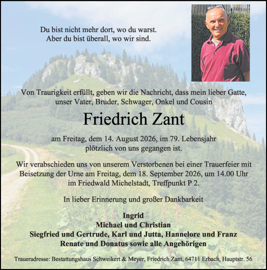 Traueranzeige von Friedrich Zant von Odenwälder Echo