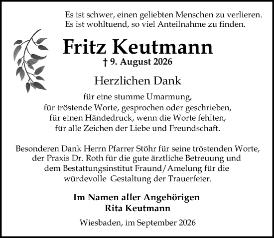 Traueranzeige von Fritz Keutmann von Wiesbadener Kurier