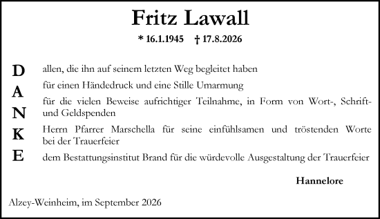 Traueranzeige von Fritz Lawall von Allgemeine Zeitung Alzey