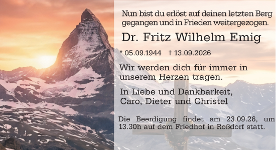 Traueranzeige von Fritz Wilhelm Emig von Darmstädter Echo