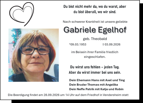 Traueranzeige von Gabriele Egelhof von Allgemeine Zeitung Alzey