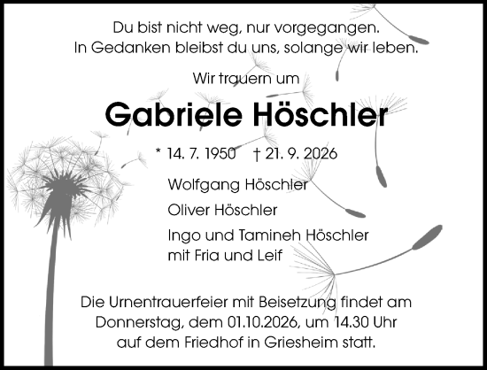 Traueranzeige von Gabriele Höschler von Darmstädter Echo