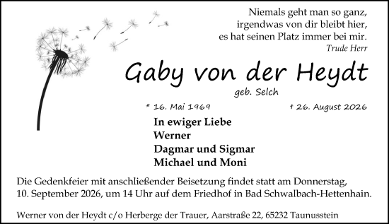 Traueranzeige von Gaby von der Heydt von Idsteiner Land/Untertaunus