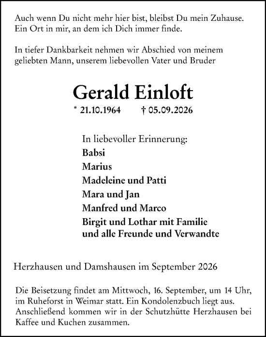 Traueranzeige von Gerald Einloft von Hinterländer Anzeiger
