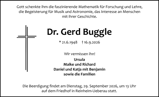 Traueranzeige von Gerd Buggle von Darmstädter Echo