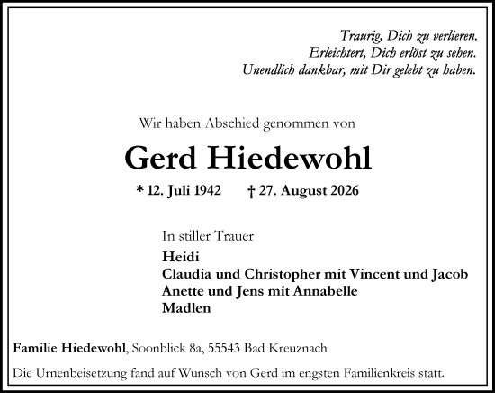 Traueranzeige von Gerd Hiedewohl von Allgemeine Zeitung Rheinhessen-Nahe