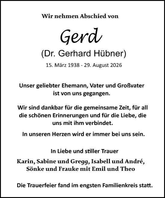 Traueranzeige von Gerd Hübner von Darmstädter Echo