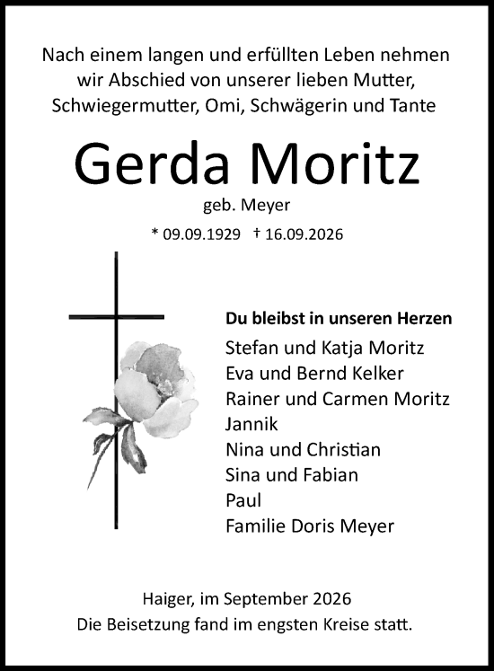 Traueranzeige von Gerda Moritz von Dill Block