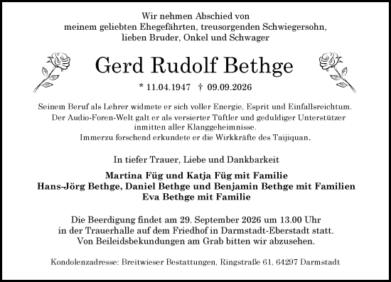 Traueranzeige von Gerd Rudolf Bethge von Darmstädter Echo