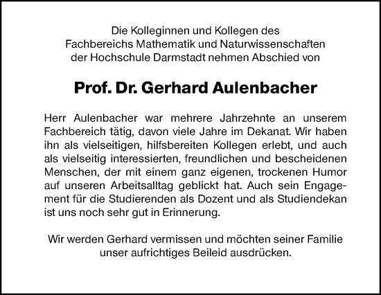 Traueranzeige von Gerhard Aulenbacher von Allgemeine Zeitung Mainz