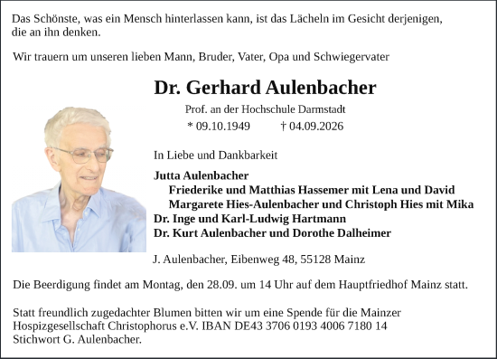 Traueranzeige von Gerhard Aulenbacher von Allgemeine Zeitung Mainz