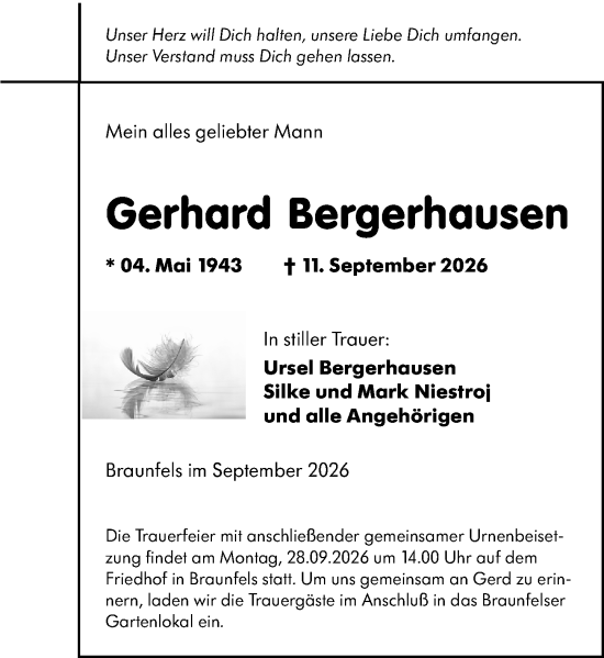 Traueranzeige von Gerhard Bergerhausen von Wetzlarer Neue Zeitung