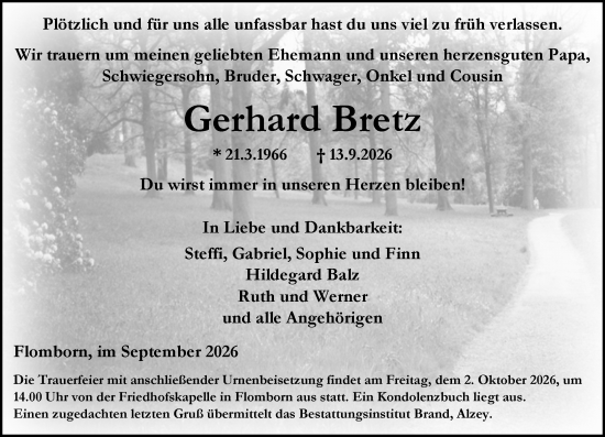 Traueranzeige von Gerhard Bretz von Allgemeine Zeitung Alzey