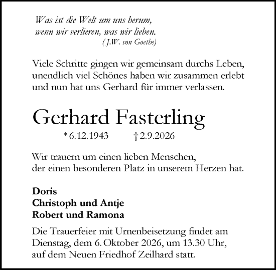 Traueranzeige von Gerhard Fasterling von Darmstädter Echo