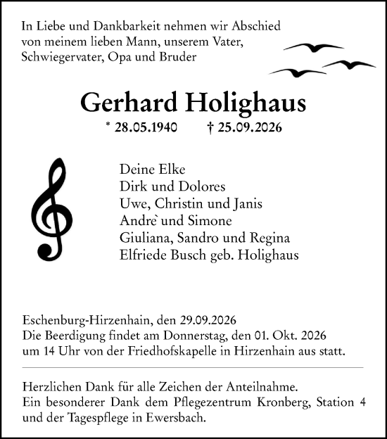 Traueranzeige von Gerhard Holighaus von Dill Block