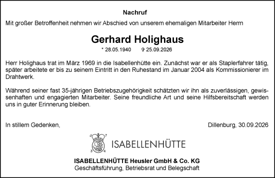 Traueranzeige von Gerhard Holighaus von Dill Block