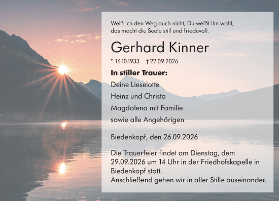 Traueranzeige von Gerhard Kinner von Hinterländer Anzeiger